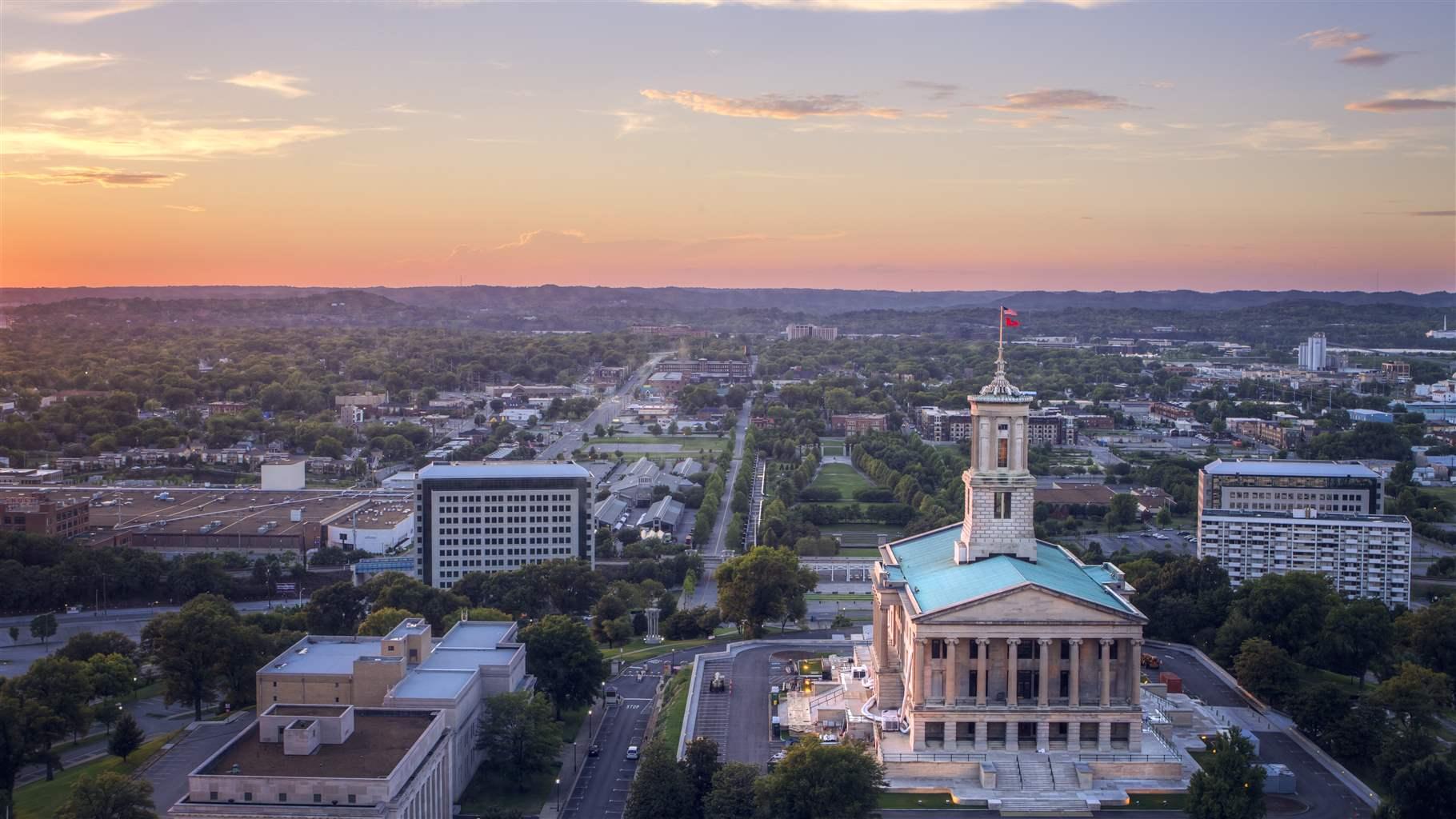 A birds eye view of the Tennessee State Capitol building in Nashville, Tennessee A birds eye view of the Tennessee State Capitol building in Nashville, Tennessee